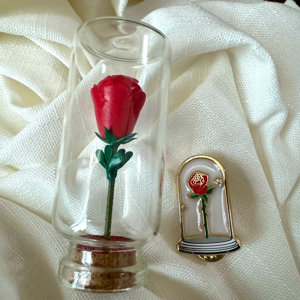 rose enamel pin and rose in glass dome - perfect for Valentine’s Day gift
